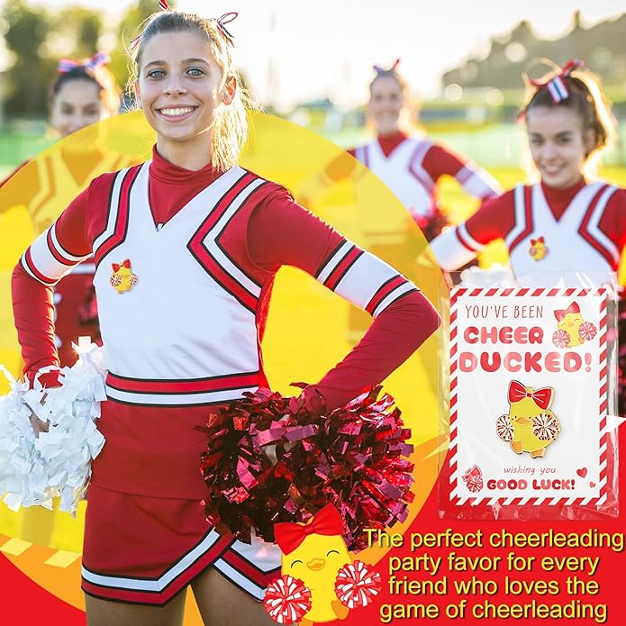 Quelay 24 Pack Cheer Team Gifts Bulk Cheerleader Duck Pins Brooches You've Been Cheer Ducked Tags Team Inspirational Gift Accessories for Teammates
