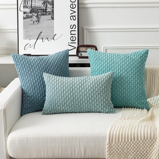 Kevin Textile Soft Corduroy 14"x24" Lumbar Pillow Cover 1 Pack, Aqua Green | Boho Stripe Plush Corduroy Decorative Oblong Cushion Cover Modern Farmhouse Home Decor for Sofa Couch Bed Chair