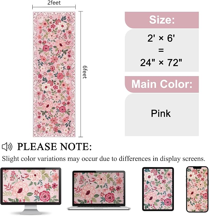 DUKINO 2x6 Runner Rug for Hallway, Washable Kitchen Rugs Non Slip, Pink | Low Pile, Soft, Floral Indoor Rug for Entryway, Bedroom, Laundry, Bathroom, Pet Friendly, Lightweight, Modern Home Decor