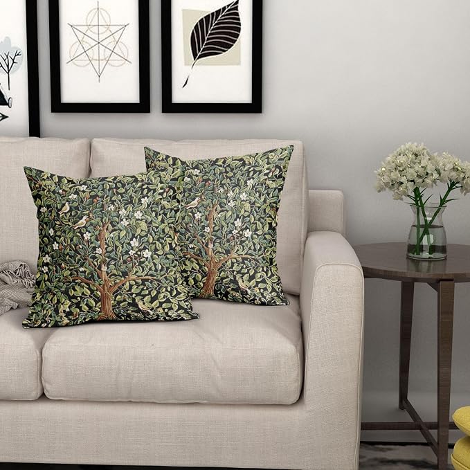 Green Tree Pillow Covers 18X18 Inch Set of 2 Watercolor Forest Bird Floral leaves Decorative Pillow Cases Spring Vintage Leaf Flower Cotton Linen Cushion Case Farmhouse Home Decor For Sofa Couch