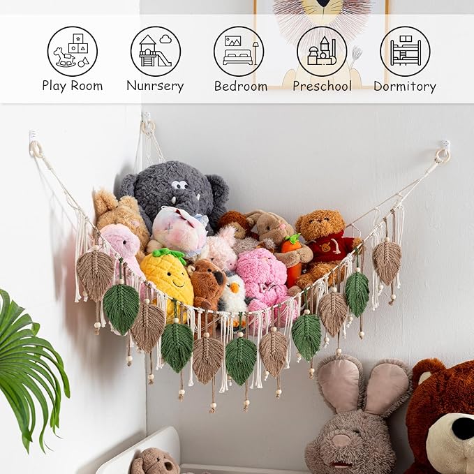 Pretty Jolly Macrame Stuffed Animal Hammock with Beads Hand Woven Leaf Tassels Corner Hanging Net Boho Plush Holder for Kid Room Nursery Decor Organizer for Girls Gift(AvocadoGreen & Milkcoffee)