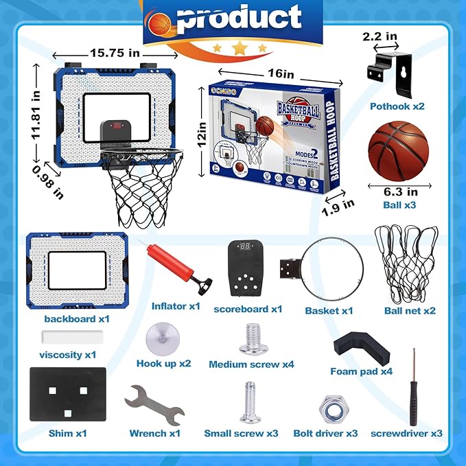 Indoor Basketball Hoop for Kids Age 5-10, with Electronic Scoreboard & 3 Balls - Over The Door Mini Hoop for Boys' Birthday