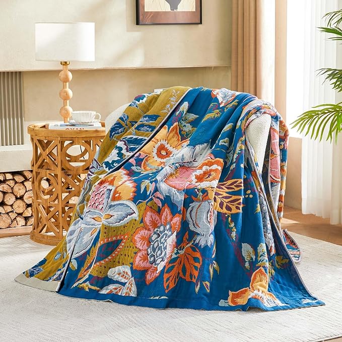 XIBLC Boho Throw Blanket, Blue Lightweight Blankets for Summer, 100% Cotton Bohemian Decorative Throw Blanket, 90"x98" Reversible Muslin Breathable Woven Farmhouse Blankets Quilt,