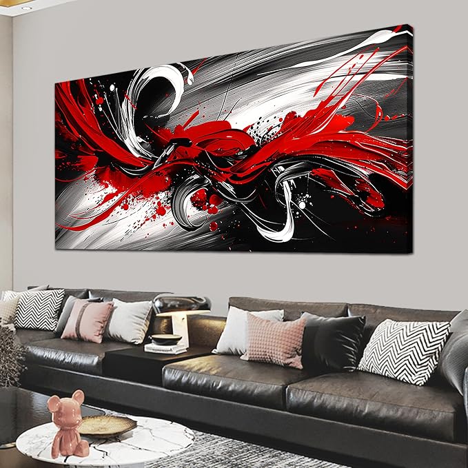 Black and White Red Large Canvas Wall Art for Living Room Framed Print Picture Painting Bedroom Office Wall Decor Modern Room Abstract Wall Decorations Artwork Size 30x60 Ready to Hang