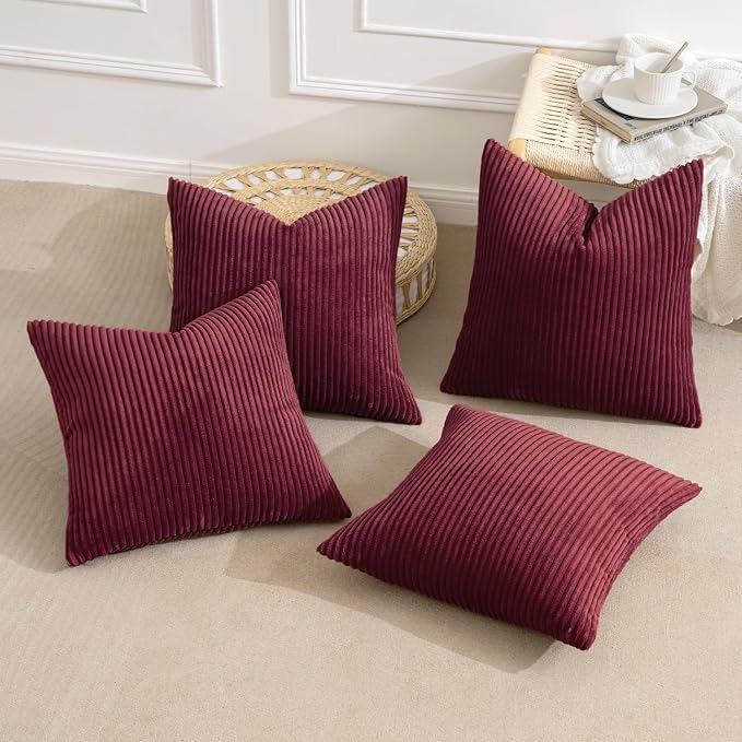 MIULEE Soft Corduroy Decorative Throw Pillow Covers Burgundy 18x18 | Set of 4, Mordern Nordic Christmas Decor, All Same Color Set, Boho Farmhouse Cushion Covers for Couch Bed Sofa Living Room