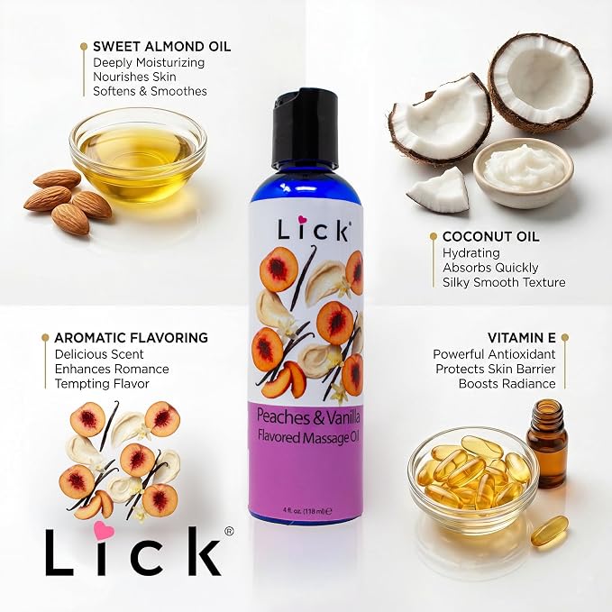 Lick Peaches and Vanilla Flavored Massage Oil – Tropical Edible Massage Oil with Sweet Almond Oil & Vitamin E, Hydrating Body-Safe Formula for Relaxing Couples Massage, 4 oz