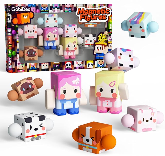 GobiDex 8PCS Magnetic Figures Playset Rotatable Animal & Character Toys for Kids, Toddlers Sensory Pretend Play Travel Toys Compatible with Magnet Blocks