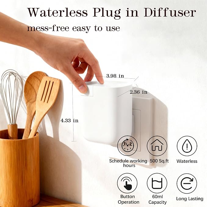 Waterless Diffuser for Essential Oil, Plug in Wall Scent Diffuser for Home, Quiet Cold Air Aromatherapy Diffuser with 500 Sq Ft Coverage, Includes 2×30ml Hotel-Inspired Oils (White)