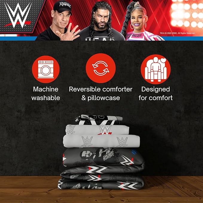 WWE Wrestling Bedding Set, Queen Size 7 Piece Set Super Soft Cozy Reversible Comforter and Sheet Set with Sham, (100% Officially Licensed Product) by Franco