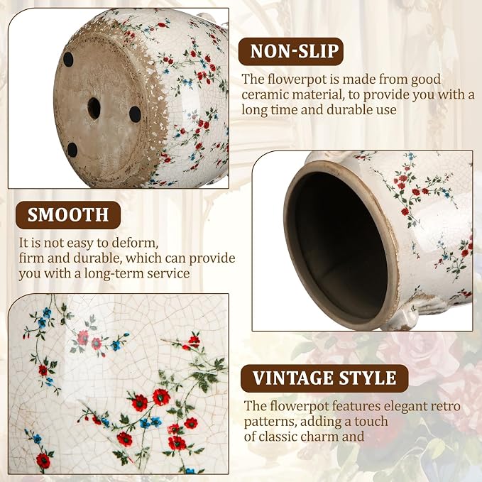 Ceramic Scroll Planter 6.5 Inch Chinoiserie Floral Vase with Drainage Holes Vintage Flower Vase Flower Pot Rustic Ceramic Pots for Indoor Plants Garden Home Bookshelf Decor(Milky)