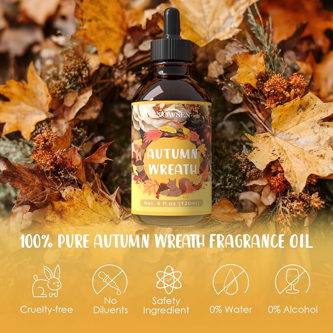 Autumn Wreath Fragrance Oil, Huge 4 Fl Oz, Premium Grade Essential Oil for Diffuser and Aromatherapy, Fall Scent for Soap Making, DIY Candle, Spray, Long Lasting Seasonal Scents