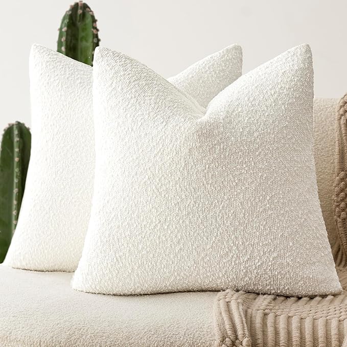 Foindtower Pack of 2, Decorative Textured Boucle Throw Pillow Covers Accent Solid Pillow Cases Cozy Soft Couch Cushion Case for Chair Sofa Bedroom Living Room Home Decor 22 x 22 Inch White