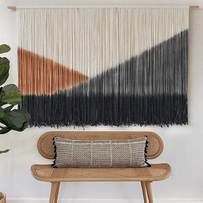 Macrame Wall Hanging Black Dip Dye Boho Wall Art for Living Room 57"W*35"L | Dip Dyed Wall Hanging, Large Wall Art, Handmade Cotton Craft, for Living Room Bedroom Accent, Unique Home Decor