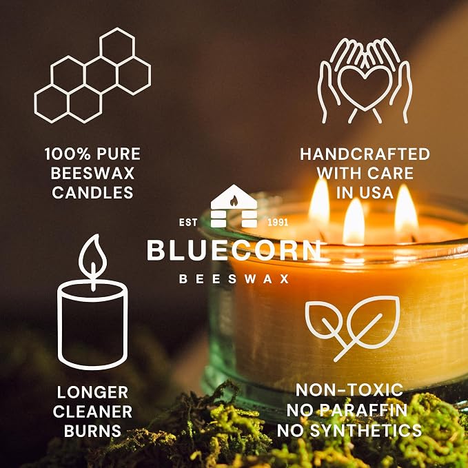 Bluecorn Botanica Beeswax 3-Wick Candle – Lavender, 100% Pure Beeswax & Essential Oils – 10oz Hand-Blown Recycled Spanish Glass – Non Toxic, Clean Burning, Refillable Glass Jar
