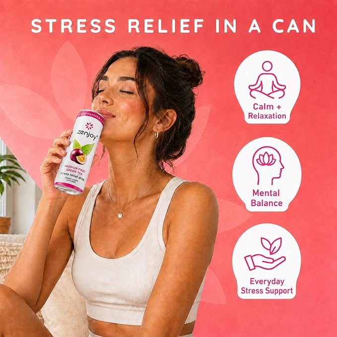 Zenjoy Adaptogen Drink Stress Relief Tea | Non Alcoholic Calming Drink w/Ashwagandha, Lemon Balm & L-Theanine for Focus | Stress Tea Calming Social Mocktail with Adaptogens (12 Pack, Variety)