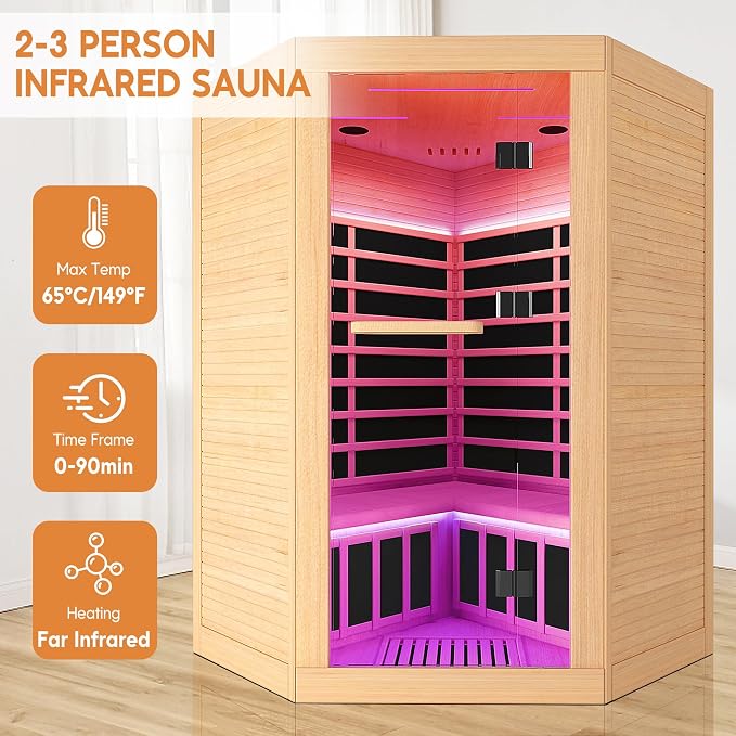 Sauna Room Far Infrared Saunas Home 1 to 3 Person Canadian Hemlock 2180W/110V Low-EMF Dry Spa Wood Sauna with Oxygen Bar/7 Color Therapy/9 Heating Plates/Control Panel/Speakers 47.2 * 47.2 * 74.8 In