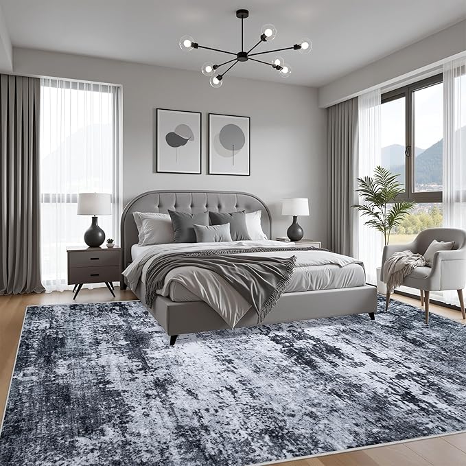 5x8 Area Rug Living Room Rug: Washable Modern Abstract Soft Thin Rug Indoor Floor No Slip Stain Resistant Carpet for Bedroom Dining Room Farmhouse Nursery Home Office - Black