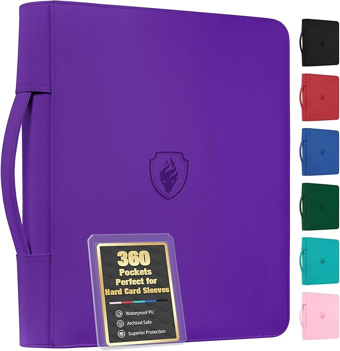 Fabmaker Top Load Binder Holds 360 Cards with Hard Card Sleeves, Portable Card Binder with Retractable Handle, Side Loading Trading Card Storage for Collectible Games, Sports Cards, Purple