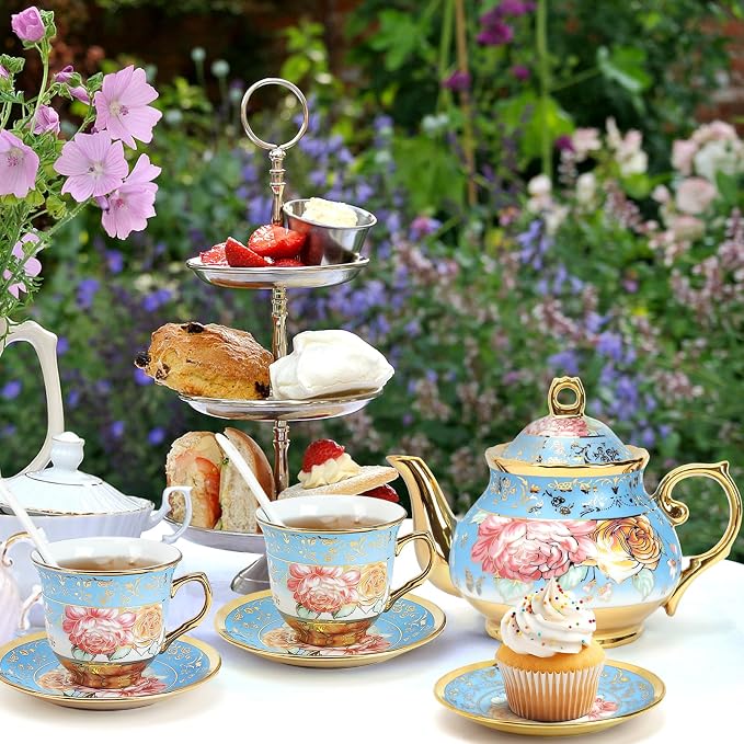 20 Pcs Porcelain Tea Set with Metal Holder, Adult Tea Set Gift, European Ceramic Tea Set for Adults, Flower Tea Cup Saucer Set for Party With Gold Flower Painting (Serene Blue)