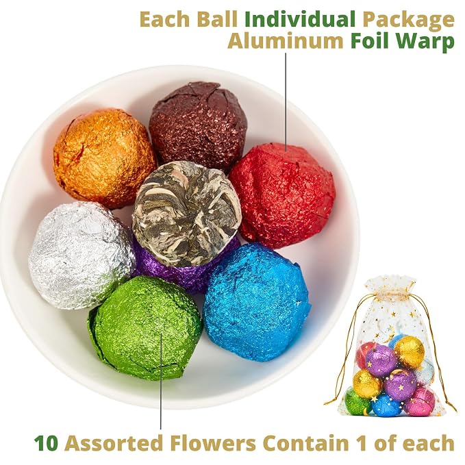 10 Assorted Blooming Flower Tea Balls Gift Set| Handmade Herbal Flowering Tea Balls Variety Individual Packing| Blooming Green Teas with Flowers for Teas Lovers, Anniversary, Valentine, Birthday (Star & Moon Bag)