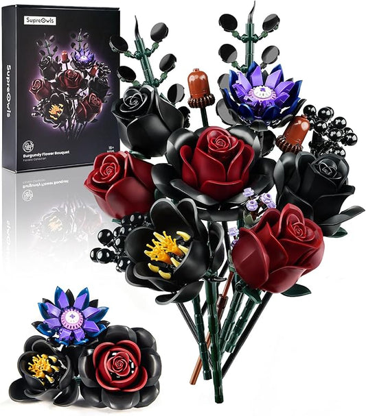 iATOM Halloween Black Burgundy Red Rose Bouquet Building Set, Compatible with Lego Flowers for Adults - Gothic Botanical Collection - Artificial Flowers Home Table Centerpieces Decor - IA1015