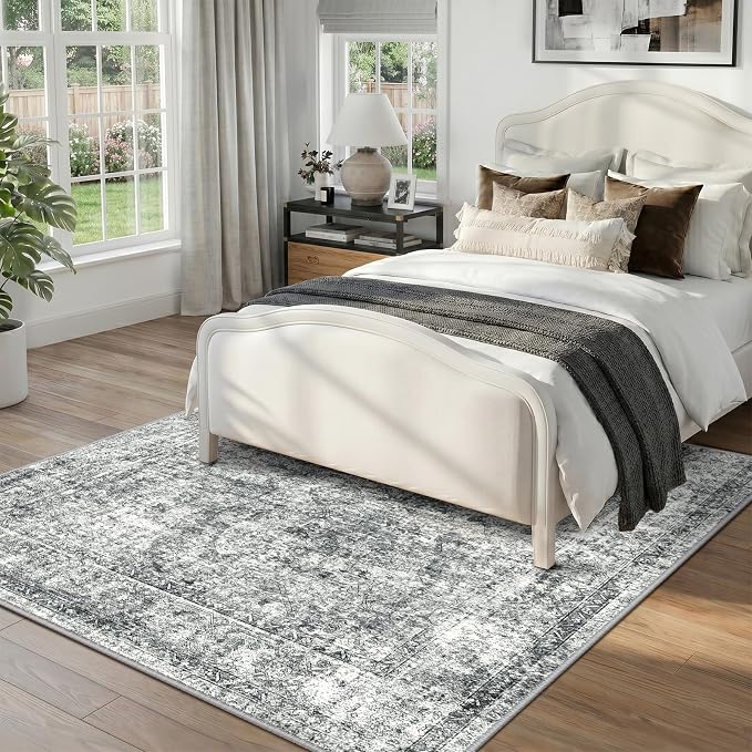 CAPALOCA Square 5ft Washable Nursery Girls Low Pile Area Rug Grey | Non-Slip Soft Rugs for Bedroom Kids Playroom Living Room, Print Pattern Water Repellent Carpet Indoor Decor