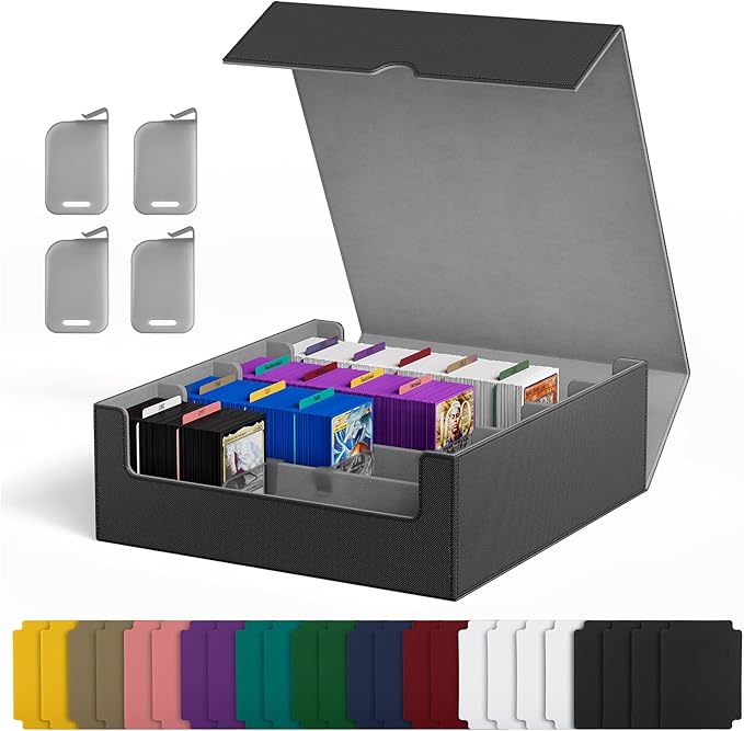UAONO Trading Card Storage Box, Holds 2400 Sleeved Cards with 24 Dividers & 4 Stoppers, Magnetic Closure PU Leather Card Case for MTG, PTCG, YGO, Sports Cards (Black&Gray)