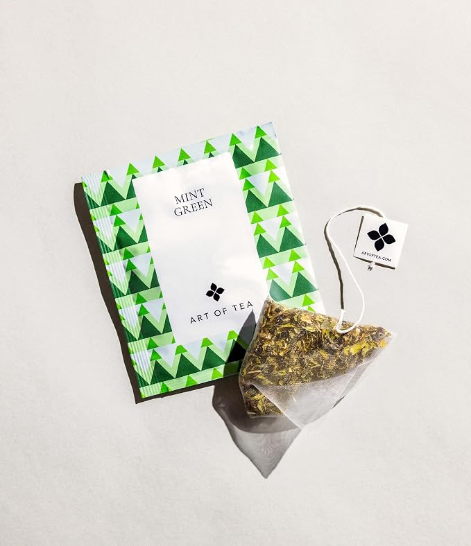 Art of Tea Organic Mint Green Tea Bags, 50 Count Premium Pyramid Sachets, Refreshing Green Tea with Peppermint & Spearmint, Smooth Caffeinated Tea for Hot or Iced Tea