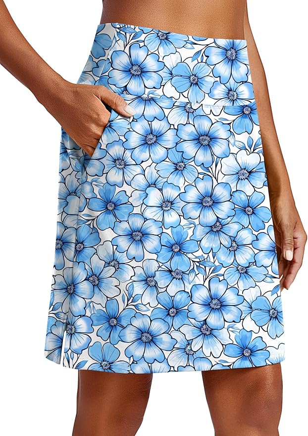 PINSPARK 20" Skorts for Woman Knee Length UPF 50+ Golf Skirts | 4 Pockets, Built-in Shorts, High Waisted, Split Hem, Silky-smooth, Moisture-wicking, for Golf Athletic Tennis Workout Casual