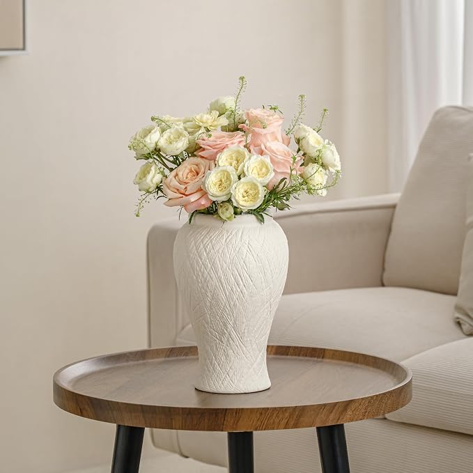 10in Tall Ceramic Flower Vase, Modern Decorative Textured Vases Home Decor | Unique Rustic Farmhouse Terracotta Vases for Bedroom Living Room Table Centerpieces Shelf Cabinet Wedding Decorations