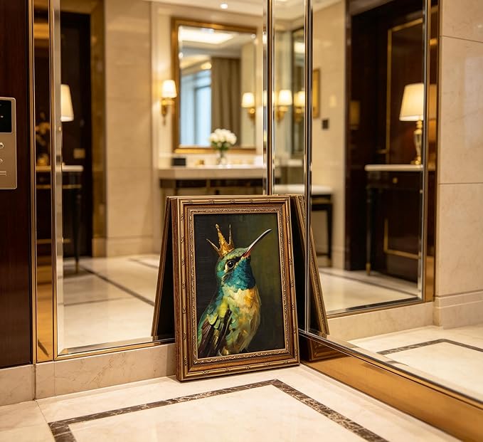 Vintage Gold Framed Canvas Wall Art Whimsical Hummingbird Painting Picture Wall Decor Boho Bird Poster Print Artwork for Living Room Bedroom Home Decoration