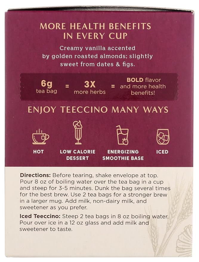 Teeccino Vanilla Nut Herbal Tea - Rich & Roasted Herbal Tea That’s Caffeine Free & Prebiotic For Natural Energy, 10 Tea Bags
