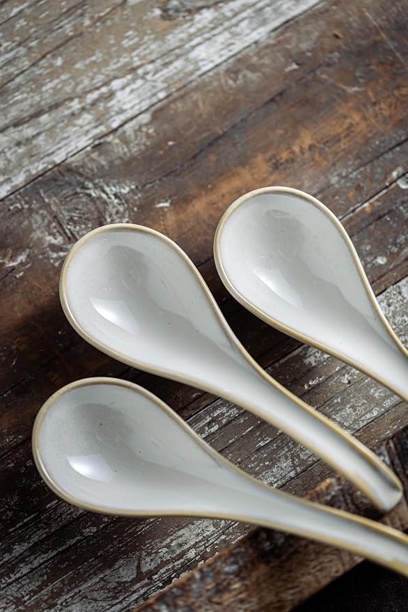 LYEOBOH Asian Soup Spoons, 6.5 inch Ceramic Soup Spoon Set of 6, Dinner Spoons with Deep Hook for Home, Kitchen, Dishwasher & Microwave Safe, Farmhouse Style, Beige