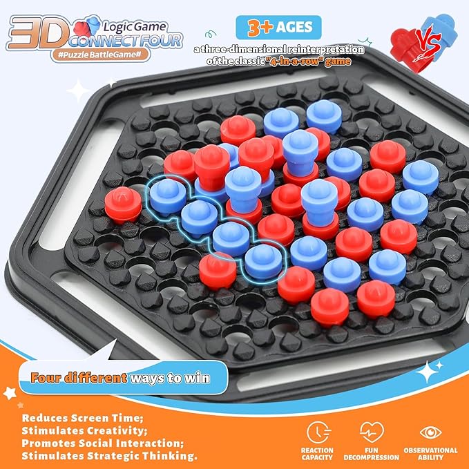 Board Games for Kids 8-12, Connect 3D Four in A Row Game, 2 Players Strategy Fun Family Chess Board Games for Adults, Road Trip, Party Game Night, Parent-Child Bonding, Birthday Gift