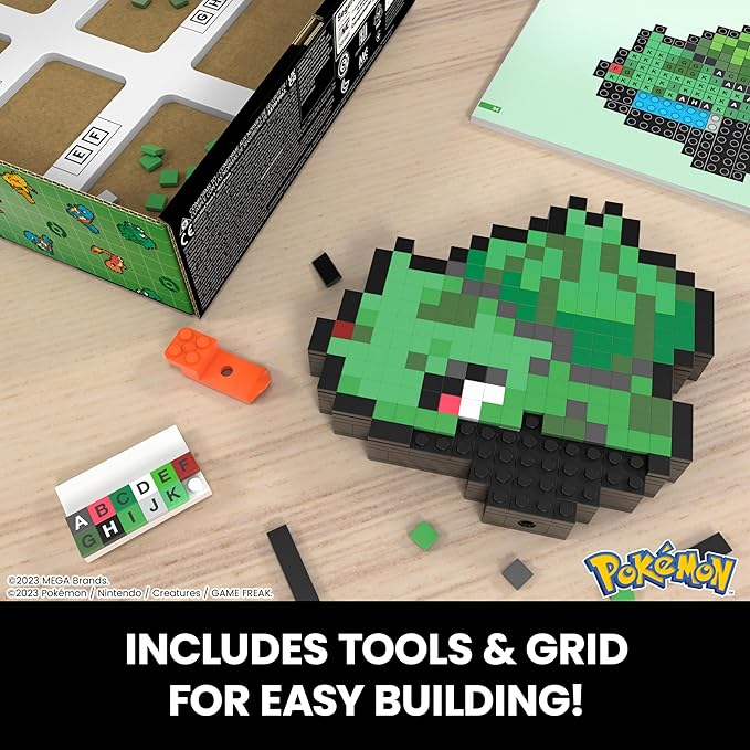 Mega Pokémon Bisasam Retro Look - 15 cm Buildable with Pixel Art Stones - Includes Wall Mounted Base for Adult Lovers and Collectors, HTH75