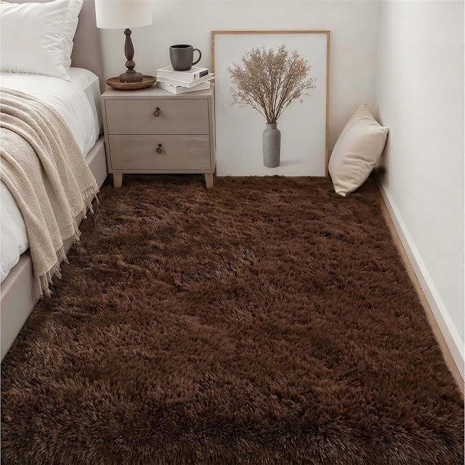 6x9 Area Rugs for Living Room Bedroom: Ultra Soft Fluffy Shag Rug Upgrade Non-Slip Non-Shedding Large Fuzzy Plush Carpet Indoor Floor Carpets for Kids Room Playroom Nursery Dorms Home Decor Brown