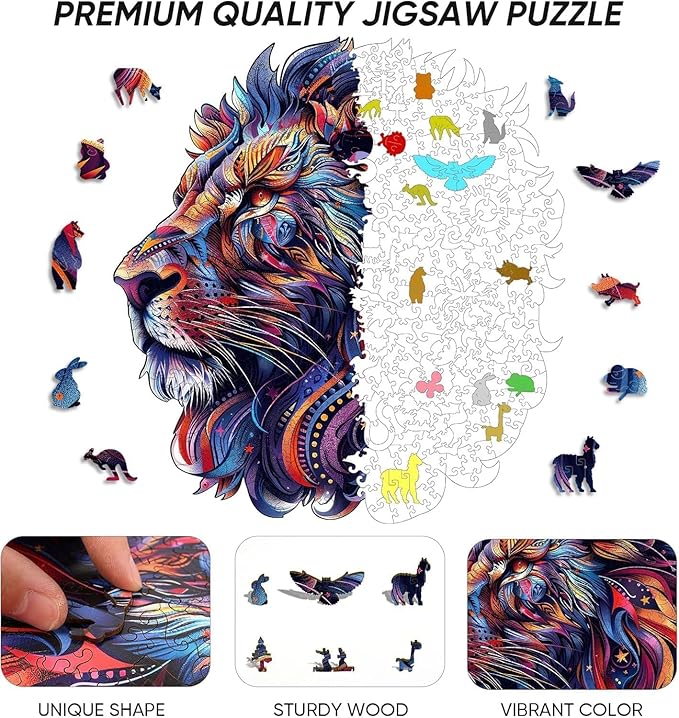 Qiuenisray 500 Pieces Wooden Puzzles for Adults, Lion Jigsaw Puzzles, Wood Challenging Puzzle, FSC Certified Wall Decor, Royal Unique Shape Animal Adult Puzzle Piece, Gift for Family Game 15.5x16.7 in