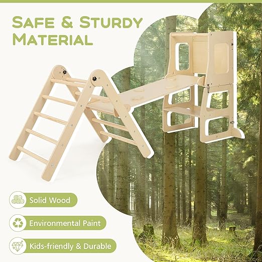 Olakids Pikler Triangle Set 8 in 1 Toddler Climbing Toys Indoor Playground Foldable Wood Baby Montessori Jungle Gym with Toddler Tower Ramp Slide Arch Rocker Angle Adjustable Ladder