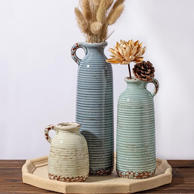 Ceramic Vase Set of 3 with Handles, Blue Neutral Rustic Modern Farmhouse Boho Decor, Versatile as Table Centerpiece or Mantel & Shelf Accent - Unique Home Gift Idea