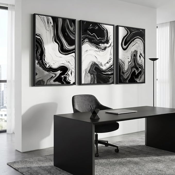 Large Framed Black and White Abstract Wall Art for Living room, 3 Piece Canvas Prints Paintings Artwork for Walls, Modern Minimalist Pictures Wall Decor for Bedroom Dining Room Office 24x36 In