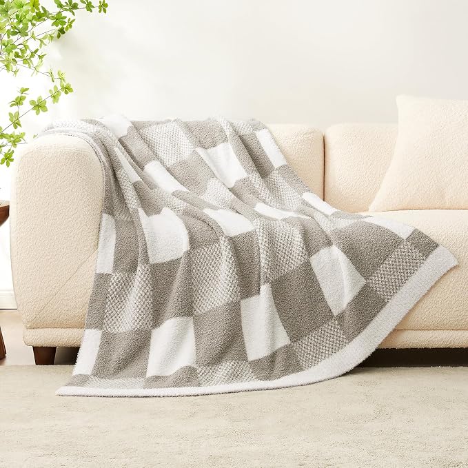 Snuggle Sac Checkered Blanket, Grey Throw Blanket for Couch Checker Microfiber Fluffy Warm Fuzzy Cozy Soft Throw Blanket Reversible Checkered Blankets for Sofa, Chair, Bed, 60x80 inches