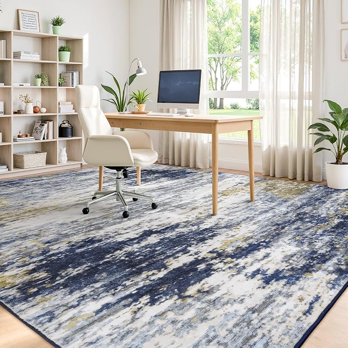 9x12 Area Rug for Living Room, Abstract Washable Large Rugs, Dark Blue | Neutral Carpet for Bedroom, Dining Room, Home Office, Nursery,Indoor, Stain Resistant, Non-Slip, Low Pile, Modern Rug