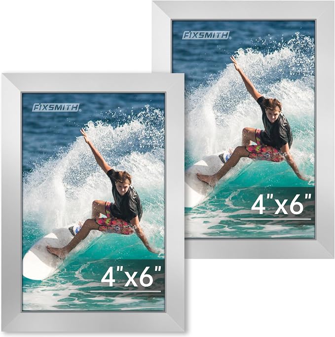 FIXSMITH 4x6 Picture Frame Set of 2, Sliver Photo Frame 4x6 with HD Plexiglass, Brown Picture Frames Collage for Tabletop or Wall Display
