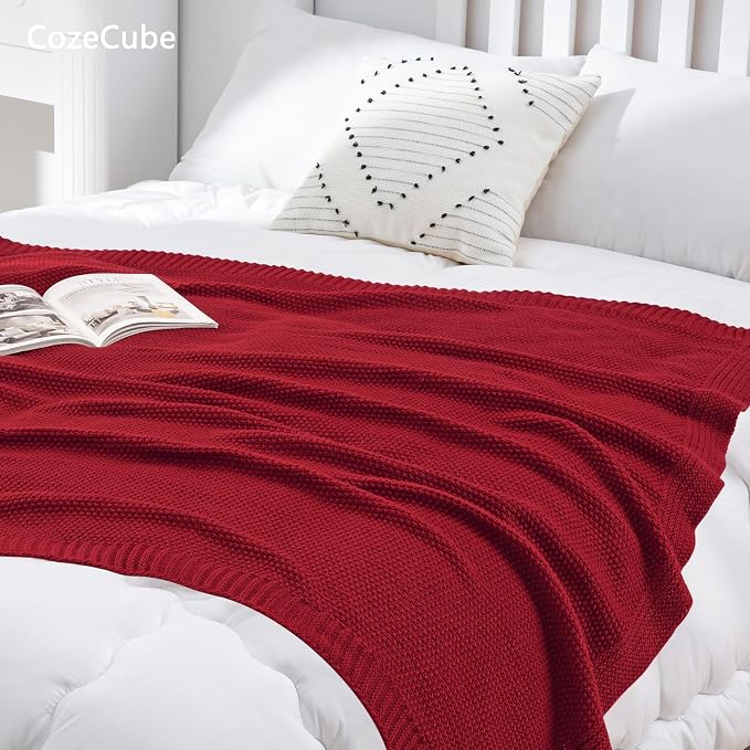 CozeCube Christmas Red Seed Stitch Throw Blanket 50"x60", Farmhouse Decor | Blanket for Couch, Soft Cozy Cable Knit Throw for Bed Sofa Living Room, Lightweight Warm Decorative Christmas Blanket
