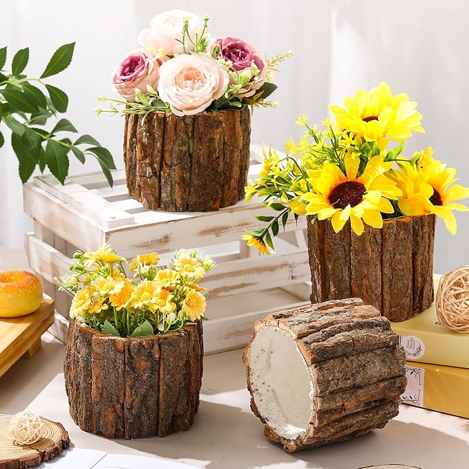 24 Pcs Wooden Vase for Centerpieces Wedding Flower Table Centerpieces Woodland Party Decor Rustic Farmhouse Bark Stump Buckets Vintage Planter Pots for Garden Baby Shower Window Home (Large)