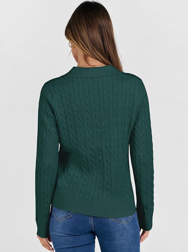 ANRABESS Womens Cable Knit Sweaters Long Sleeve V Neck | Pullover Collared Sweater Tops, Polo Knit Shirts, Business Casual Work, Tennis Golf, Fall Winter Fashion Outfits