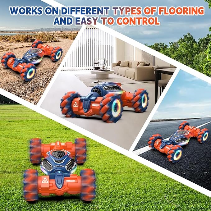 Remote Control Car for Boys - RC Cars for Boy Age 4-12, Gesture Sensing RC Stunt Drift Car for Kids Toys 4 5 6 7 8 9 10 11 12 Year Old Boy Birthday with Cool Lights Music (Orange)