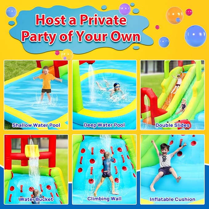 Inflatable Water Slide Park, Bouncy Castle with Deep Pool, 191 x 157.5 x 100 Inch, Jumping Castle with Air Blower