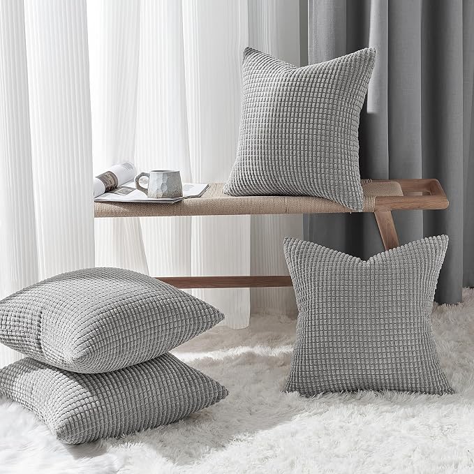 Topfinel 4 Packs Decorative Throw Pillow Covers 16x16 Inch for Living Room Couch Bed, Western Rustic Modern Home Decor, Soft Corduroy Small Bulge Accent Square Cushion Case 45x45 cm(Light Grey)