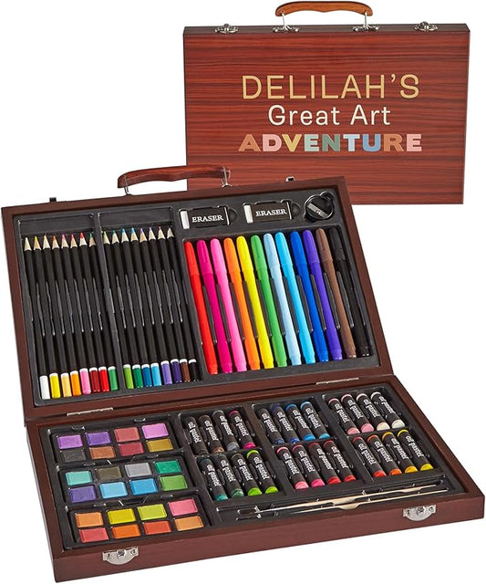 Let's Make Memories Personalized 80-Piece Deluxe Art Set - for Kids - Wood Carrying Case - Oil Crayons, Colored Pencils, Watercolors - Arts & Crafts - Palette Design - Add Name - Great Art Adventure